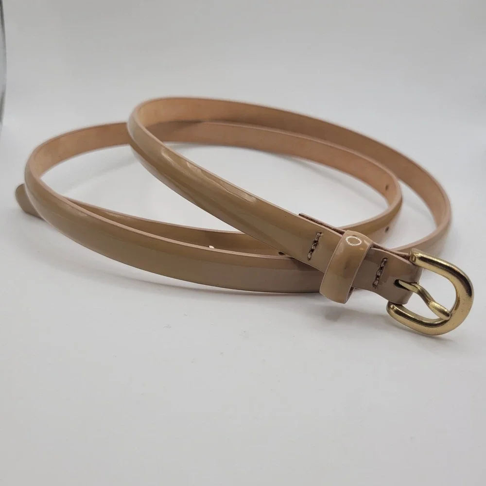 J.Crew Belt Large Tan Patent Leather Skinny Thin Shiny Minimalist Classic J0184